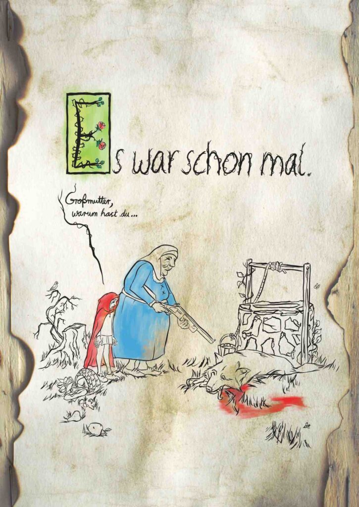 Tobias Funk. 2019. Kein Märchen. Malerei, solidarisch gehandelter Biokaffee und Holzasche auf Papier, angekokelt. 18,7 x 29,7 cm. Fotografie, auf alter Holzkiste. Digitale Malerei.