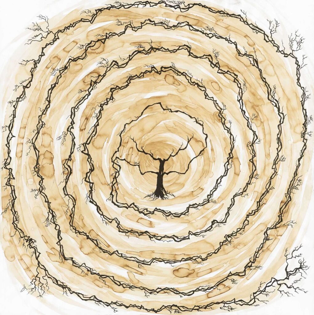 Tobias Funk. 2021. Das Labyrinth der wachsenden Erkenntnis. Malerei, fair gehandelter Biokaffee und Federzeichnung, Tinte auf Papier. Wassertropfen von unbekannt. Hinten mit Monogramm und Kontaktdaten gestempelt und Entstehungsjahr versehen. 69,5 x 69,5 cm