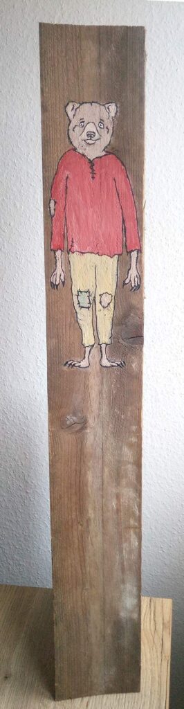 Tobias Funk. 2019. Berti Batten zwei. Digitale Malerei, Stift-Display und Open Source Programm, projieziert. Malerei, natürliche Farbpigmente, Lehmfarbe auf altem Holzbrett (Fundort: Hatzfeld-Reddighausen), hinten mit Monogramm gestempelt und Entstehungsjahr versehen. 92 x 12,4 x 2,3 cm