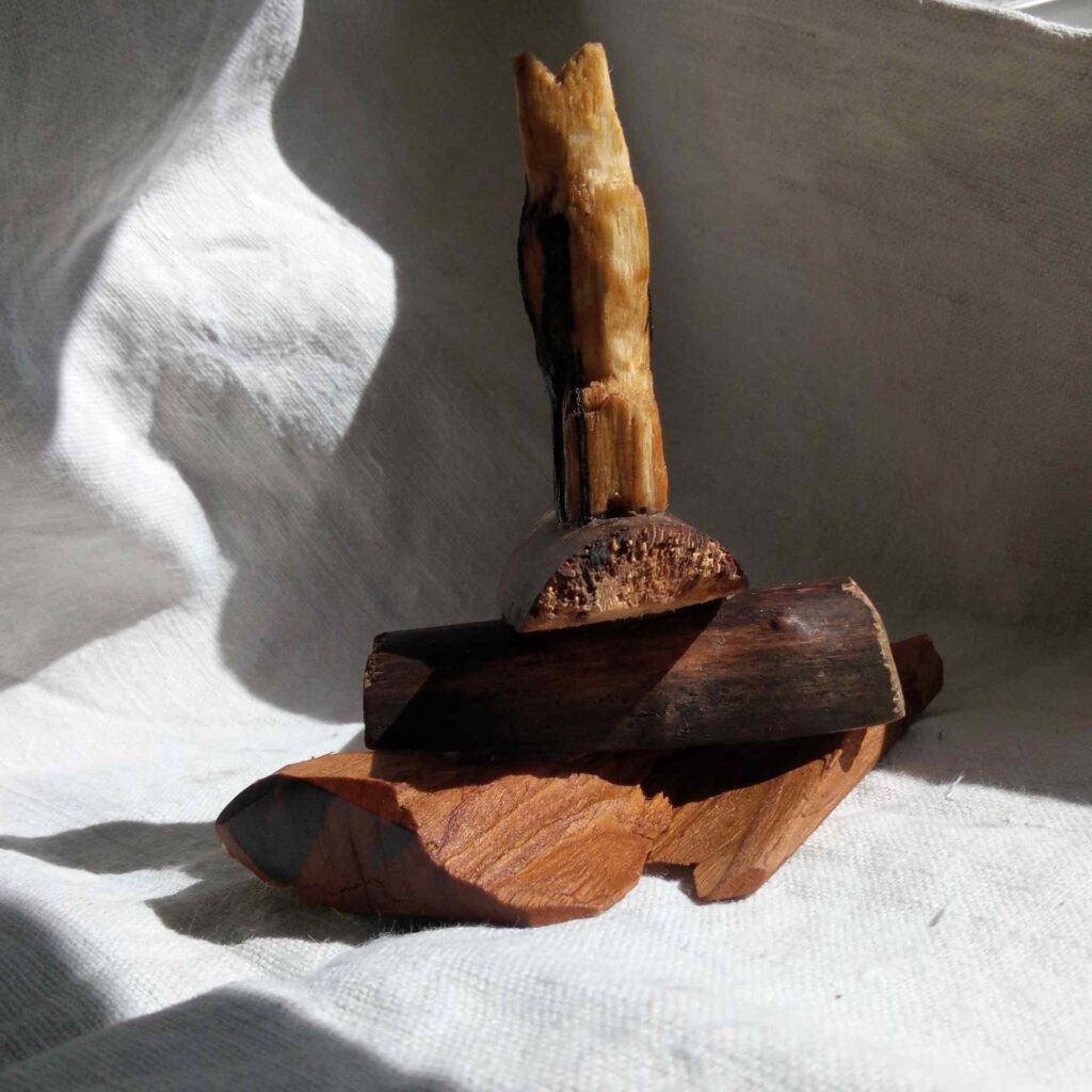 Tobias Funk. 2022. Sinnbild der Einfalt (Ansicht 3). Skulptur, morsches und altes Holz von Birke, Restholz von Kirsche (Fundorte: Hatzfeld-Reddighausen, Homberg-Dannenrod), Verklebung mit Holzleim, Lasur mit Bioolivenöl, unten mit Monogramm gestempelt und Entstehungsjahr versehen. 9,5 x 10 x 7 cm