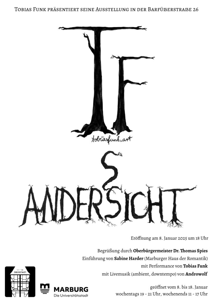 Tobias Funk. 2024. Anderssicht (Plakat). Federzeichnung, Tinte auf Papier, hinten mit Monogramm gestempelt und Entstehungsjahr versehen. 24,1 x 32,1 cm. Digitale Bearbeitung mit Open Source Programm